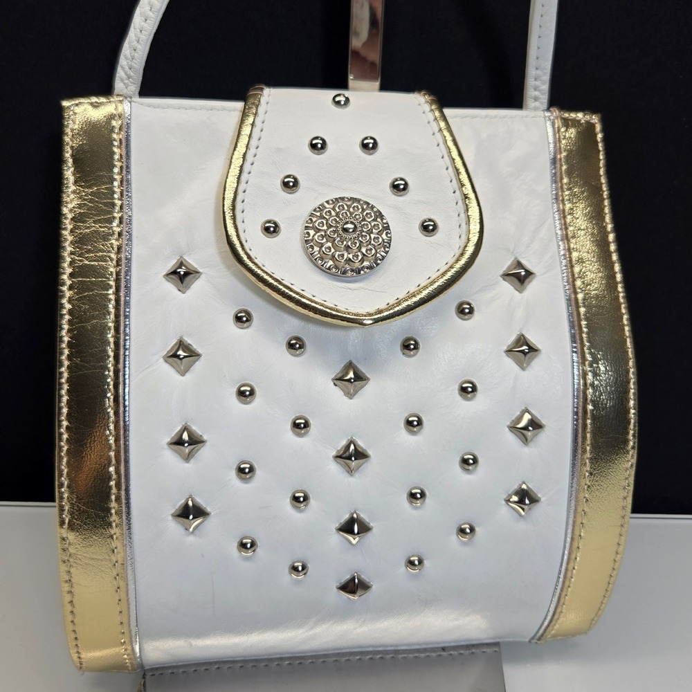Vintage Y2K USA Made Genuine Leather Crossbody Bag White Studded McBling Western
